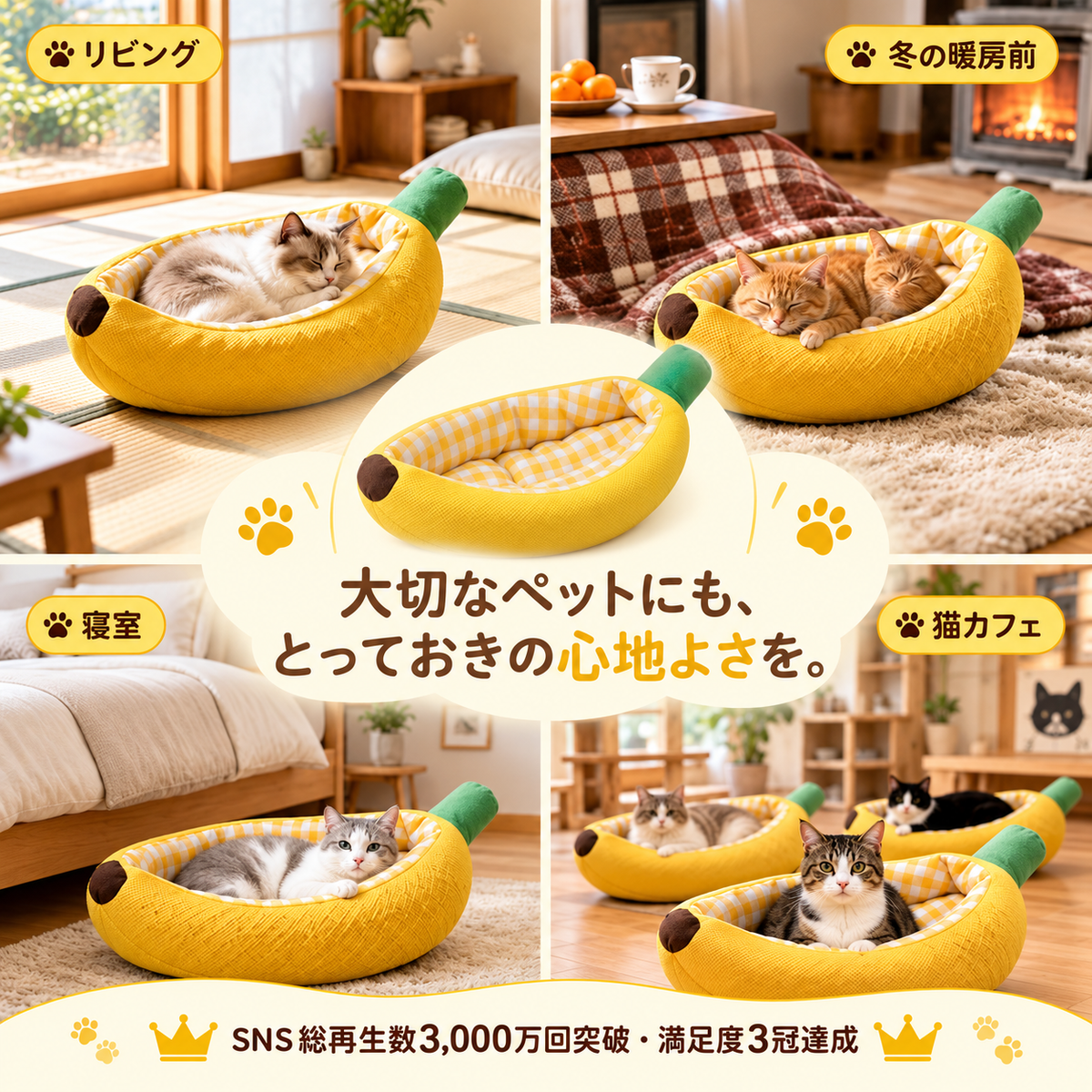 BananaNest™｜バナナ型ふわもこペットベッド｜犬猫兼用・オールシーズン快適ベッド