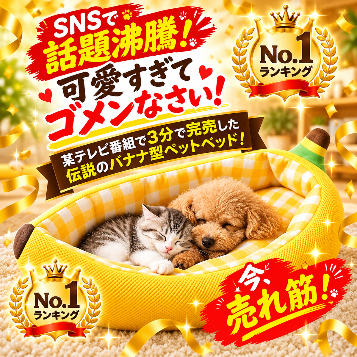 BananaNest™｜バナナ型ふわもこペットベッド｜犬猫兼用・オールシーズン快適ベッド