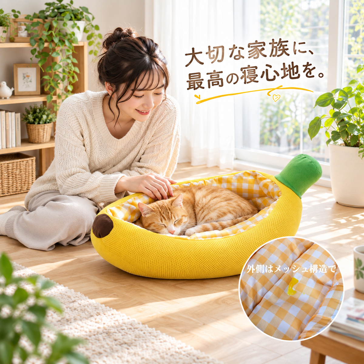 BananaNest™｜バナナ型ふわもこペットベッド｜犬猫兼用・オールシーズン快適ベッド